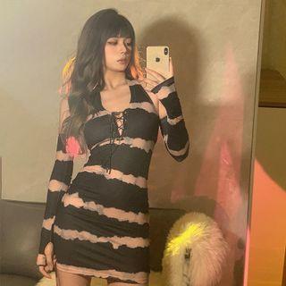 Set: Striped Lace-up Mini Bodycon Tank Dress + Arm Sleeves