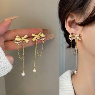 Faux Pearl Chained Bow Drop Earring / Clip On Earrings