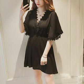V-neck Crochet Lace Trim A-line Chiffon Dress