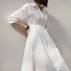 Pleated Long Flared Shirtdress With Sash