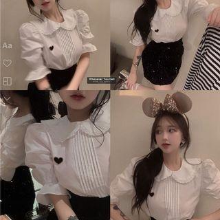 Puff-sleeve Lace Trim Shirt / Sequin Mini Pencil Skirt