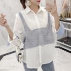 Set: Two-tone Shirt + V-neck Cropped Knit Vest