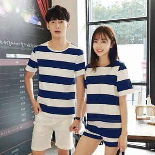 Couple Matching Striped Short-sleeve T-shirt / Shorts / Set: Striped Short-sleeve T-shirt + Shorts