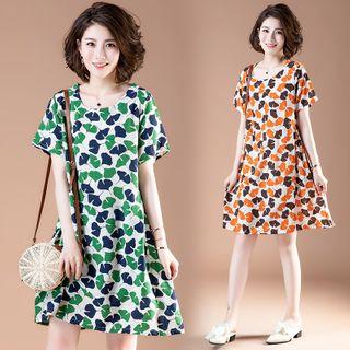 Short-sleeve Leaf Print Mini A-line Dress