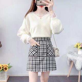 Set: Panel Knit Top + Check Skirt