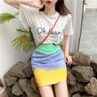 Lettering Short-sleeve T-shirt / Color-block Slim-fit Skirt