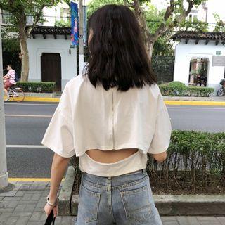 Elbow-sleeve Zip Back Cutout T-shirt