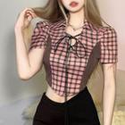 Short-sleeve Lace Up Plaid Cropped Blouse