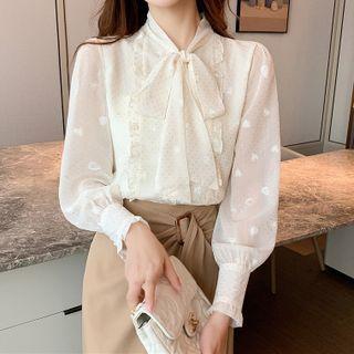 Lantern-sleeve Ribbon Tie-neck Blouse