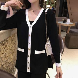 Set: Cardigan + Wide-leg Knit Pants + Button Vest