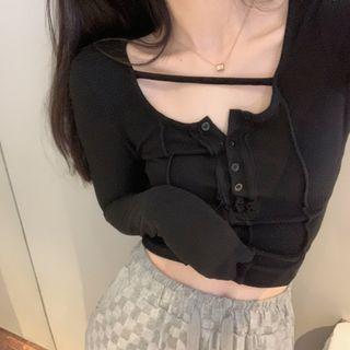 Round-neck Button-up Panel Crop Top