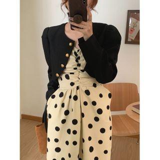 Spaghetti Strap Dotted Midi A-line Dress / Cropped Jacket