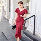 Ruffled Short-sleeve Midi Sheath Dress