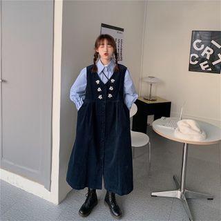 Long-sleeve Shirt / Floral Embroidered Midi A-line Pinafore Dress
