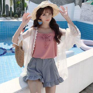 Bow Accent Camisole / Light Jacket / Wide Leg Shorts