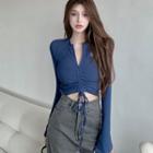 Long-sleeve Drawstring Half-zip Cropped T-shirt