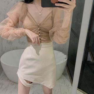 Puff-sleeve Mesh Blouse / Asymmetric Mini A-line Skirt