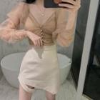 Puff-sleeve Mesh Blouse / Asymmetric Mini A-line Skirt
