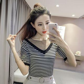 Mesh Panel Stripe Short-sleeve Knit Top