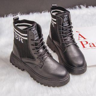Lettering Paneled Lace-up Short Boots