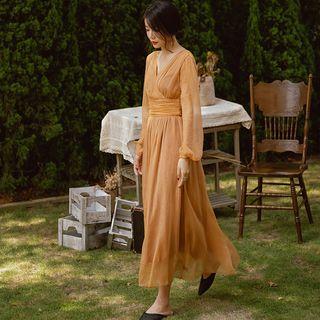 V-neck Balloon-sleeve Midi Mesh Dress
