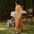 V-neck Balloon-sleeve Midi Mesh Dress
