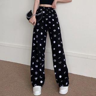One-shoulder Plain Cropped Top / High-waist Lettering Wide-leg Pants