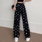 One-shoulder Plain Cropped Top / High-waist Lettering Wide-leg Pants