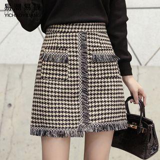 Fringed Trim Houndstooth A-line Skirt