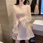 Long-sleeve Faux Pearl Mesh-panel Mini A-line Dress