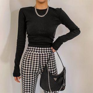 Long-sleeve Round-neck Slim-fit Cropped T-shirt