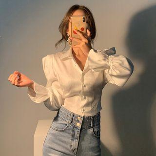 Silky Tie-back Bell-sleeve Cropped Shirt