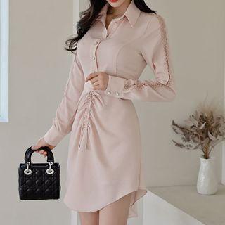 Long-sleeve Lace Trim Drawstring Mini Sheath Shirtdress