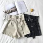 Plain High-waist Faux-leather Shorts With Belt
