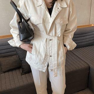 Flap-pocket Trucker Jacket With Sash Cream - One Size