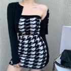 Set: Houndstooth Tube Top + Houndstooth Skirt / Open Front Cardigan