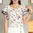Floral Print Tipped Short Sleeve Chiffon Top