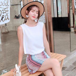 Set: Plain Sleeveless Top + Striped A-line Skirt
