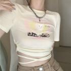 Short-sleeve Print Cropped T-shirt Light Yellow - One Size