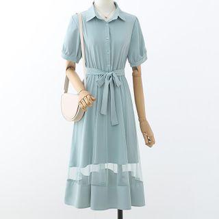 Short-sleeve Sashed Midi Shirtdress