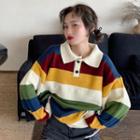 Polo Collar Striped Sweater Stripes - One Size