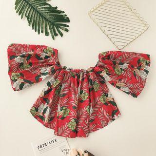 Short-sleeve Off-shoulder Leaf Print Cropped Blouse Red - One Size