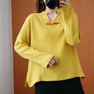 Long-sleeve Frog-buttoned V-neck Top