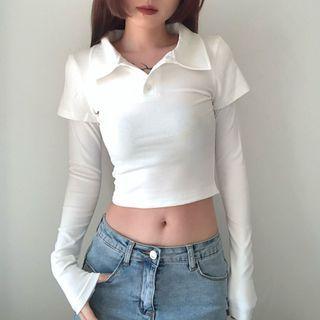 Set: Long-sleeve Crop Top + Short-sleeve Polo Shirt