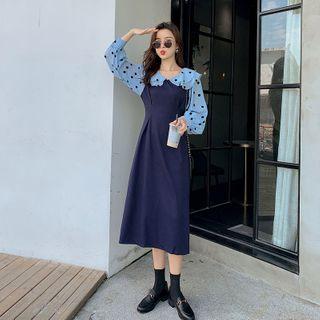Puff-sleeve Dot Print Panel Midi Dress