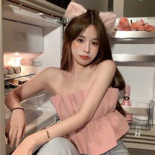 Plain Ruffle Pleated Tube Top Pink - One Size