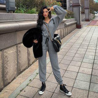 Hooded Zip-front Drawstring Jogger Jumpsuit