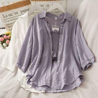 Set: Smocked Crop Top + Loose-fit Light Shirt