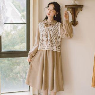 Set: Long-sleeve Tie-neck Midi Dress + Button-up Vest