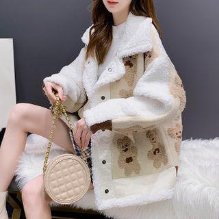 Cartoon Bear Print Panel Fleece Jacket